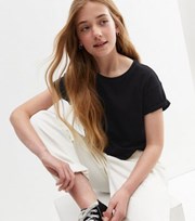 New Look Girls Black Jersey Roll Sleeve T-Shirt